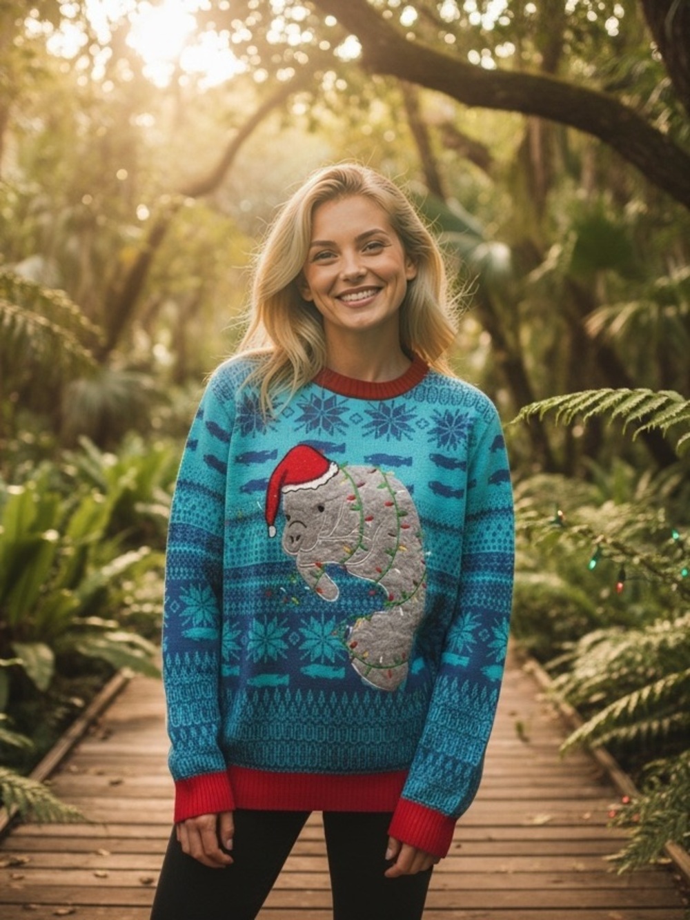 Blue Holiday Manatee Knit Sweater with Red Trim Unisex Size M